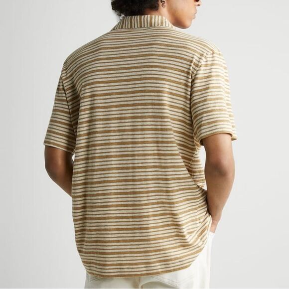 Zara Striped Cotton Linen Knit Button Up T Shirt Tan Large Short Sleeve Camp - Picture 3 of 12
